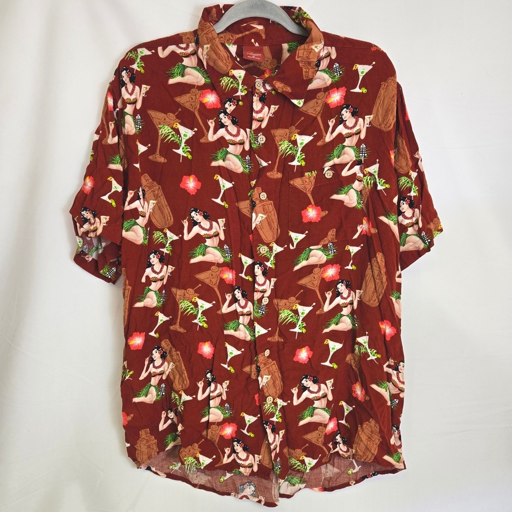 Junction West Hawaiian Shirt Retro Tiki Cocktail Pin Up Girl Print Red‎ Medium